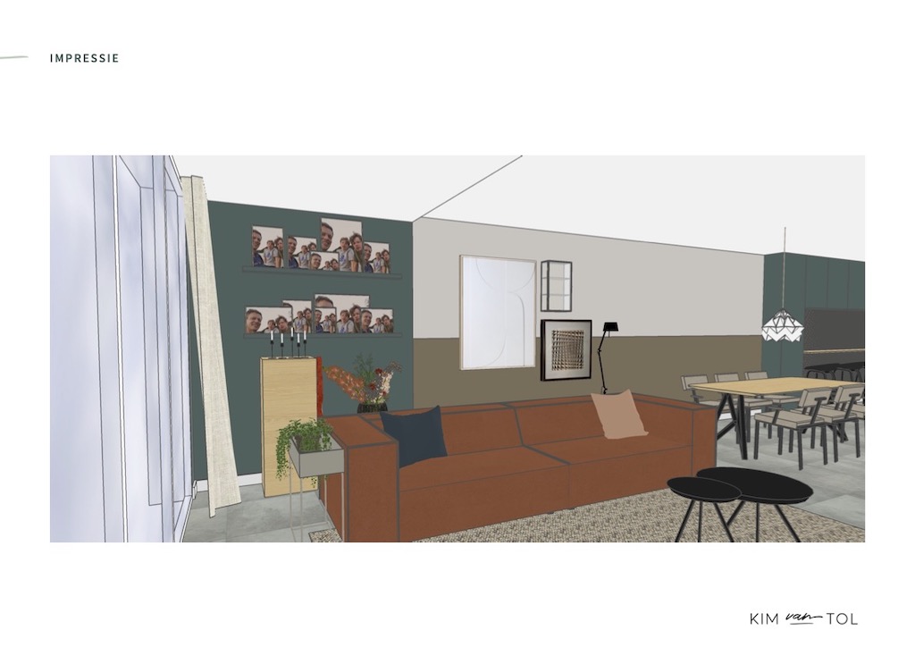 Impressie in 3D van woonkamer met bank voor Interieurontwerp van woonkamer in Rotterdam