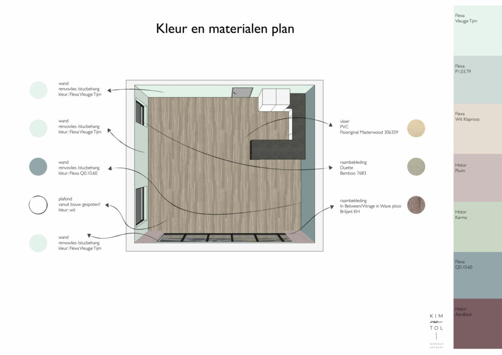 Kleuren en materialen op plattegrond gemaakt tijdens interieuradvies voor appartement in Rotterdam
