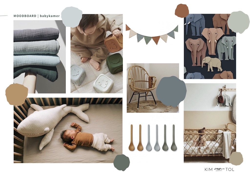 Moodboard gemaakt voor babykamer bohemian gemaakt door interieurontwerper in Amsterdam