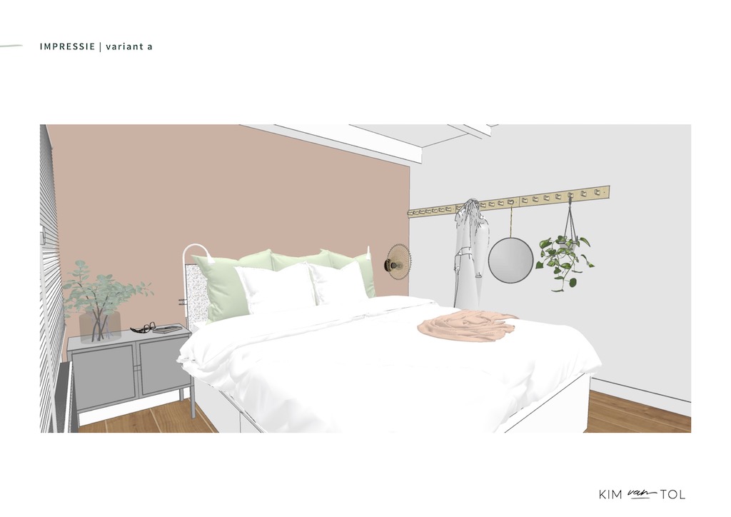 Impressie in 3D van bed in slaapkamer gemaakt voor interieurstyling in Amsterdam