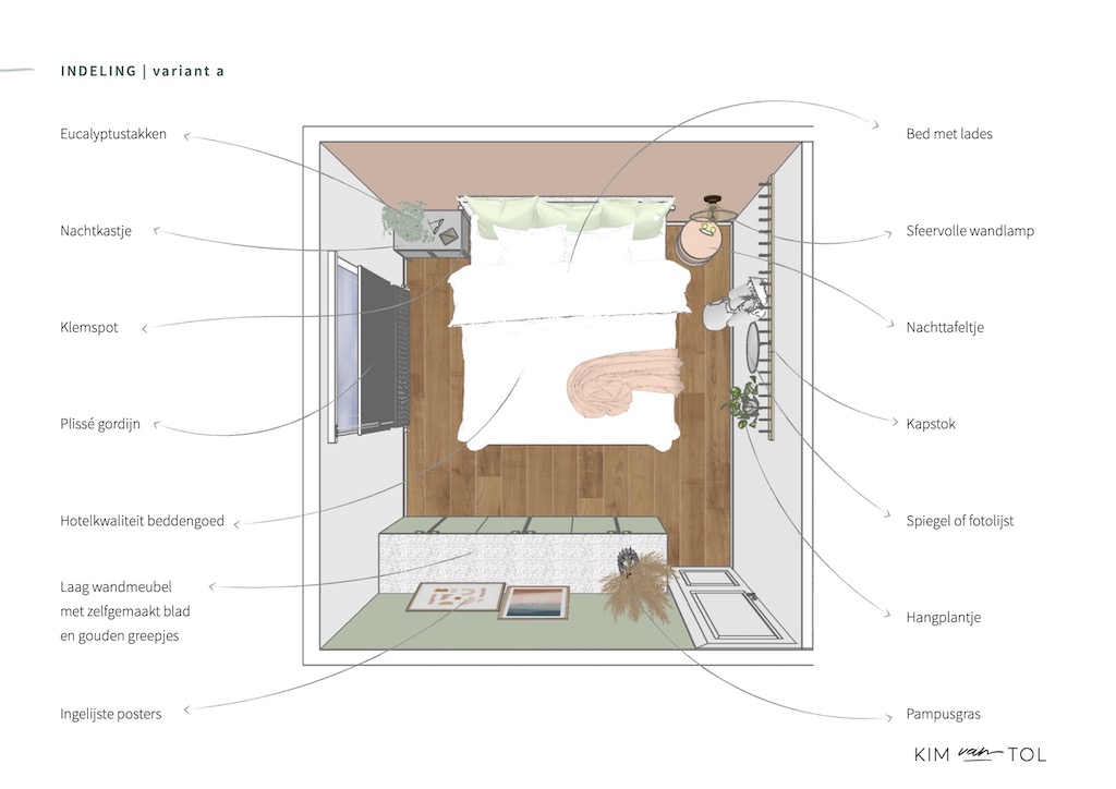 Indeling in 3D van slaapkamer gemaakt voor interieurstyling in Amsterdam