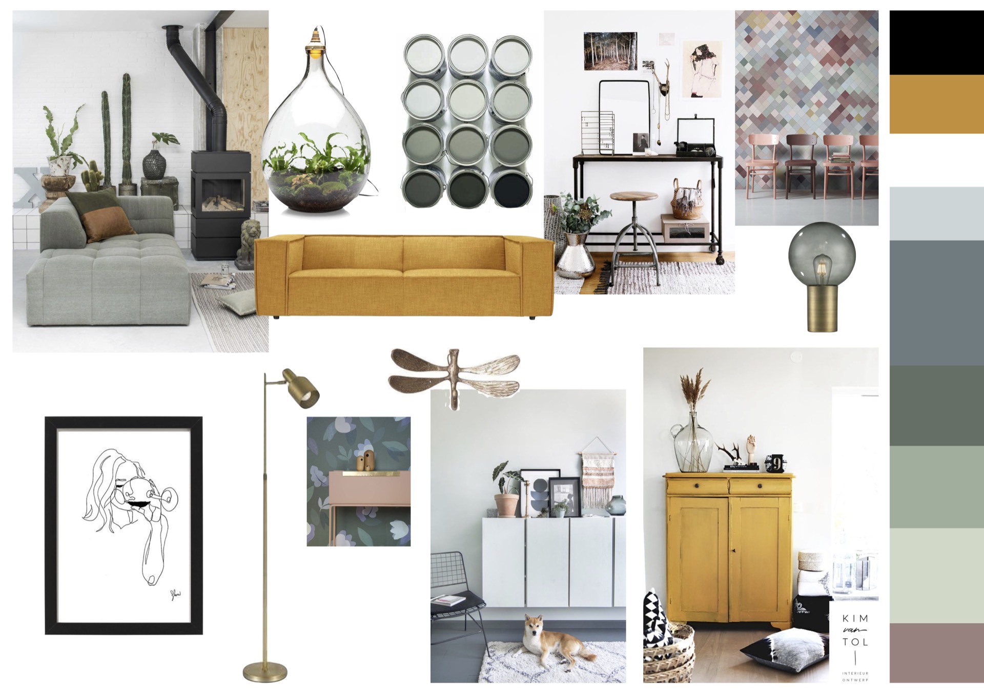 Moodboard voor woonkamer in Amsterdam gemaakt door interieurontwerper uit Dordrecht