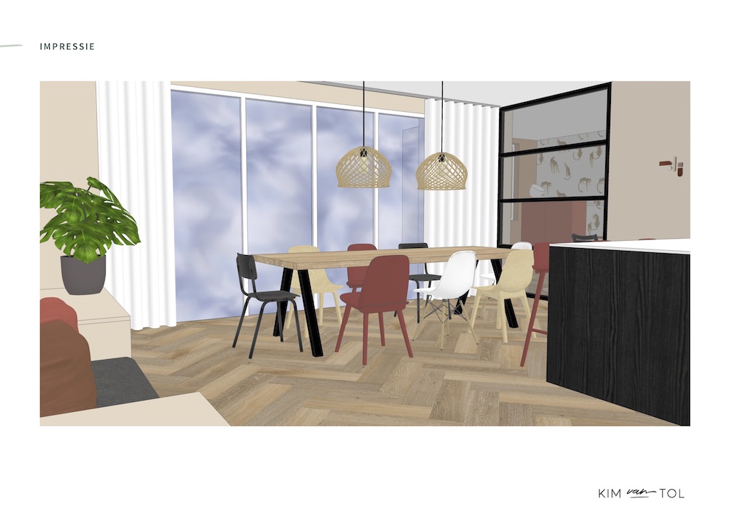 Impressie in 3D van eettafel gemaakt door Interieurontwerper tijdens interieurontwerp voor woonkamer nieuwbouwwoning in De Meern