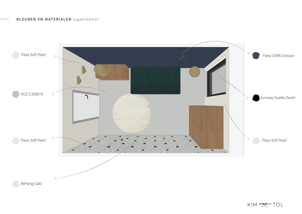 Kleuren en materialen voor Interieur Retro chique rustig logeerkamer door interieurontwerper in Rotterdam