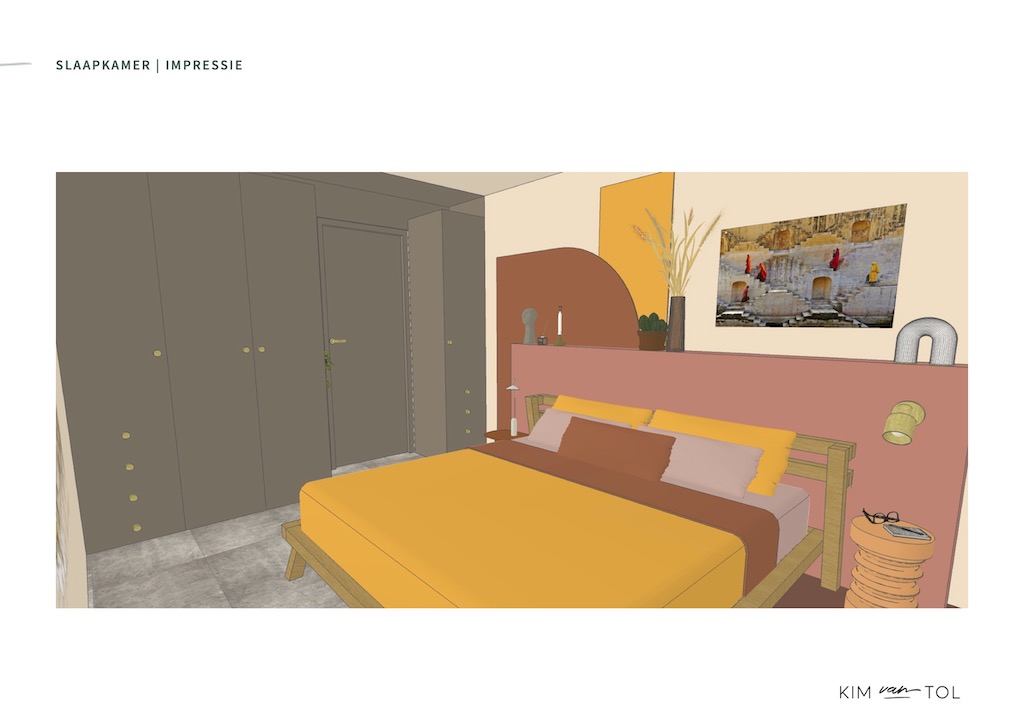 3D visual van slaapkamer met warme terra kleuren gemaakt door interieurontwerper in Rotterdam