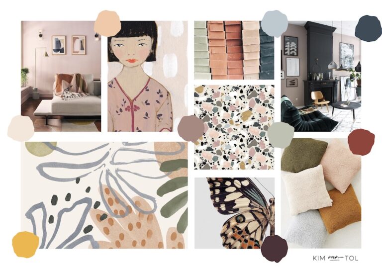 Moodboard met zachte kleuren gemaakt voor woonkamer in Gouda tijdens interieuradvies