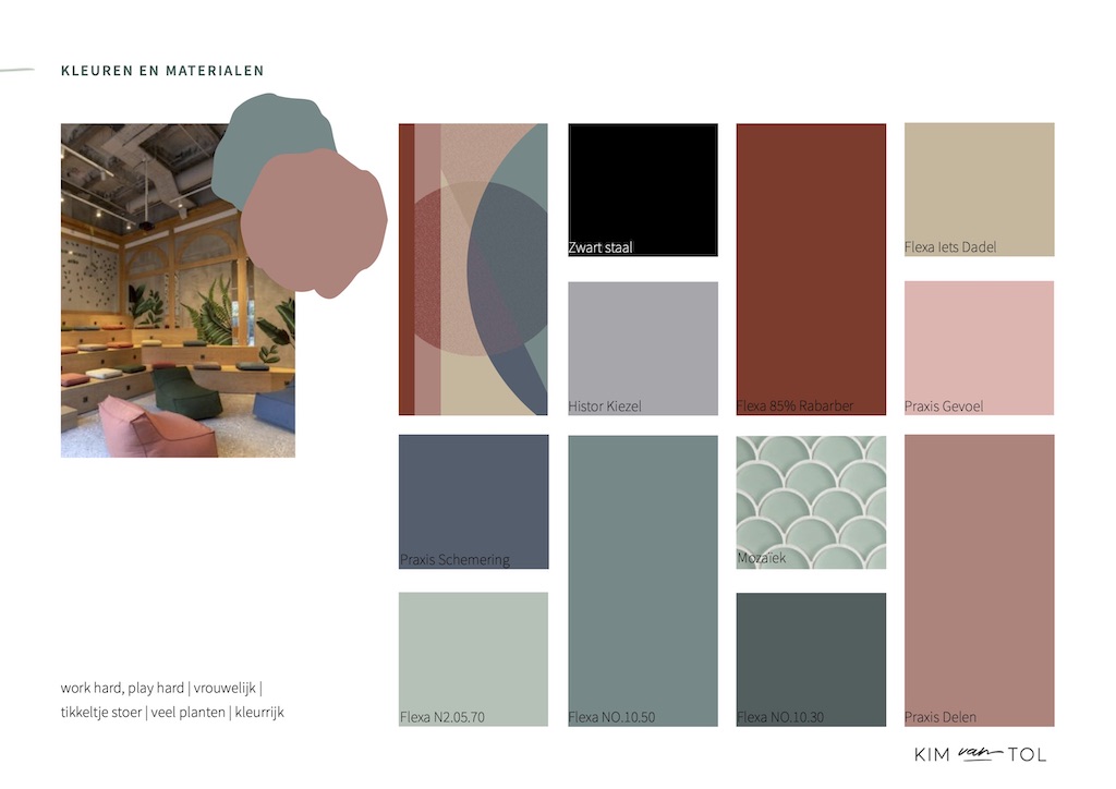 Kleuren en materialen samengesteld door interieurontwerper voor personeelsruimte in Dordrecht