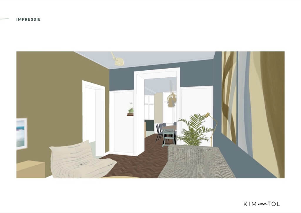 Impressie in 3D van het ontwerp van het interieur van de en suite op de benedenverdieping met keuken in Amsterdam