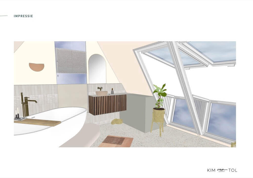 Impressie in 3D van badkamer gemaakt door interieurstylist tijdens interieurontwerp voor zolder in Blaricum