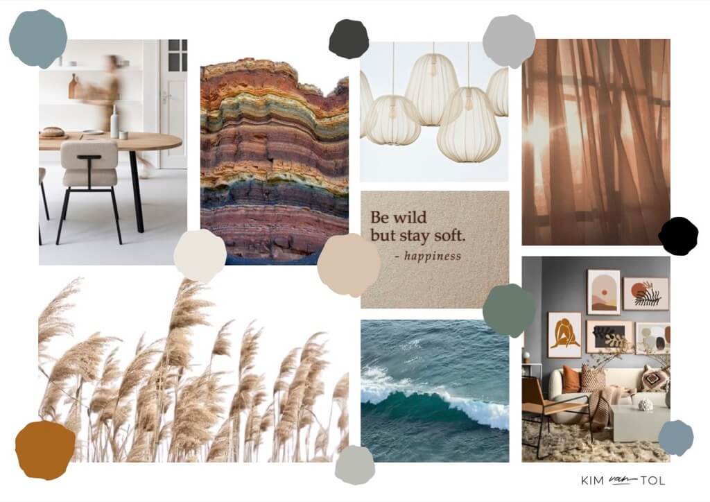 Moodboard als onderdeel van het interieurontwerp dat ik maakte voor de benedenverdieping van dit vrijstaande huis in Henrik Ido Ambacht