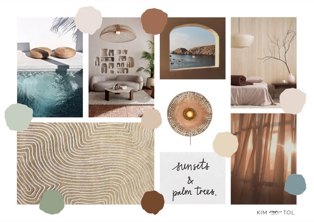 Moodboard van het interieurontwerp dat ik maakte voor deze vakantiewoning in Spanje