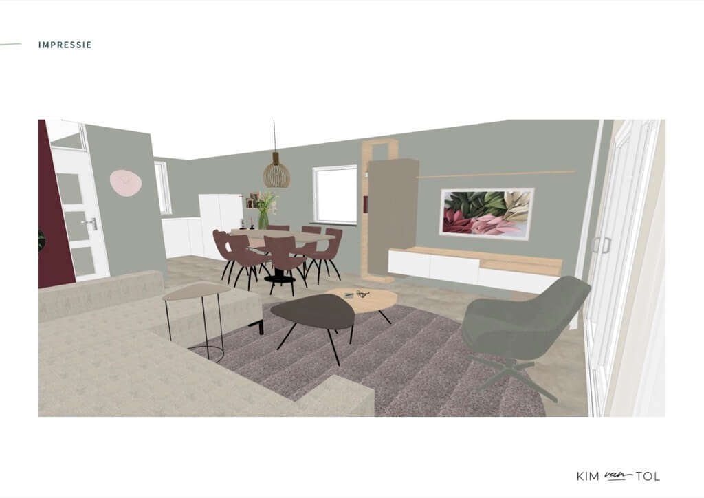 Impressie in 3D van de woonkamer met maatwerk kast gemaakt door interieurontwerper als onderdeel van interieurontwerp in Zwijndrecht