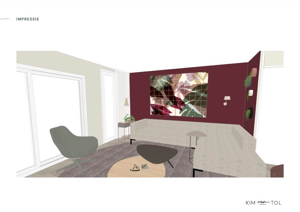 Impressie in 3D van de woonkamer met zithoek gemaakt door interieurontwerper als onderdeel van interieurontwerp in Zwijndrecht