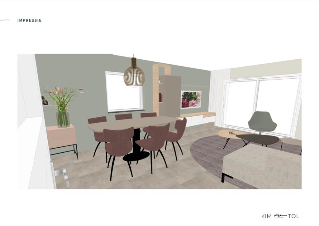 Impressie in 3D van de woonkamer gemaakt door interieurontwerper als onderdeel van interieurontwerp in Zwijndrecht