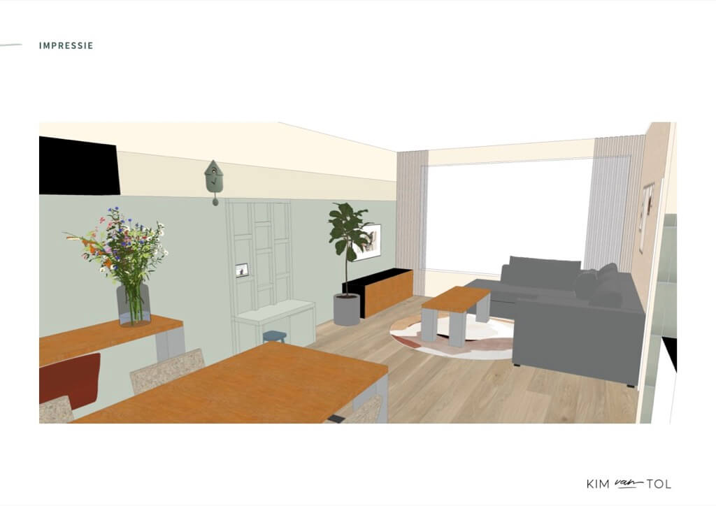 Impressie in 3D van woonkamer met tv als onderdeel van interieurstyling in Dordrecht