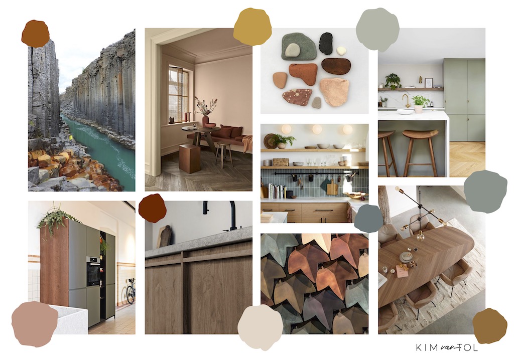 Stoer moodboard dat ik maakte voor de woonkamer van een man in Dordrecht tijdens interieurontwerp