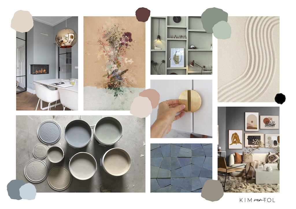 Fris moodboard dat ik tijdens interieurontwerp maakte voor een nieuwbouw woonkamer van familiehuis in Dordrecht