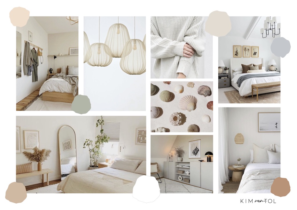 Sereen moodboard dat ik tijdens interieurontwerp uitzocht voor een woonkamer en slaapkamer in Dordrecht