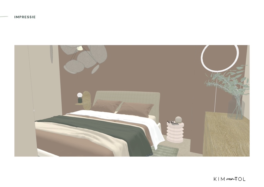 3D impressie van bed in slaapkamer in zachte kleuren in appartement in Dordrecht als onderdeel van interieurontwerp