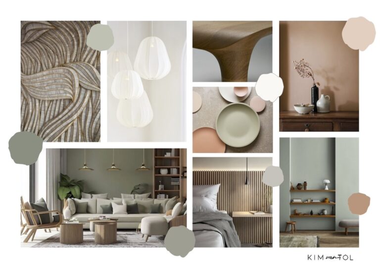 rustgevend moodboard met natuurlijke materialen en zachte kleuren voor appartement in Dordrecht als onderdeel van interieurontwerp