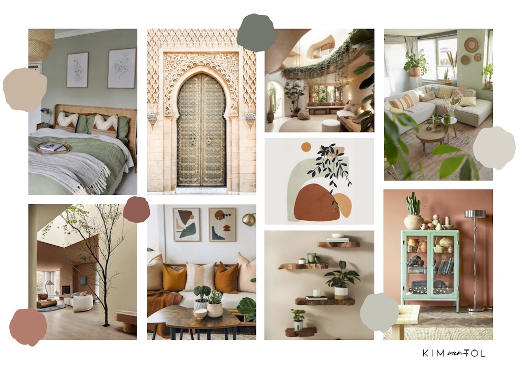 bohemian moodboard met warme kleuren voor woonkamer als onderdeel van interieuradvies in Dordrecht