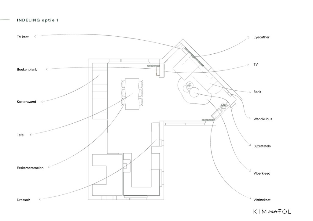 indeling uitdagende plattegrond voor woonkamer als onderdeel van interieuradvies in Dordrecht