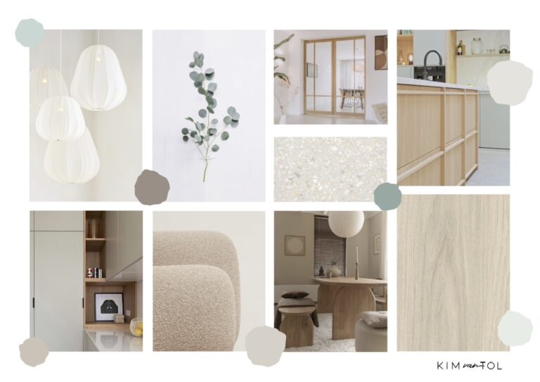 rustgevend licht japandi moodboard met natuurlijke materialen gemaakt voor interieurontwerp van woonkamer, eetkamer en keuken in Rotterdam