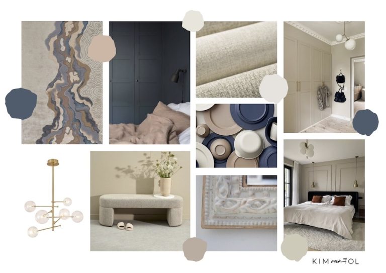 Interieurontwerp met moodboard voor een warme, luxe slaapkamer met mediterrane en Japandi-invloeden in Dordrecht