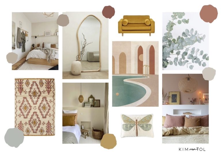 Interieurontwerp met moodboard van een logeerkamer met Indiase invloeden, in een nieuwbouwhuis te Rotterdam