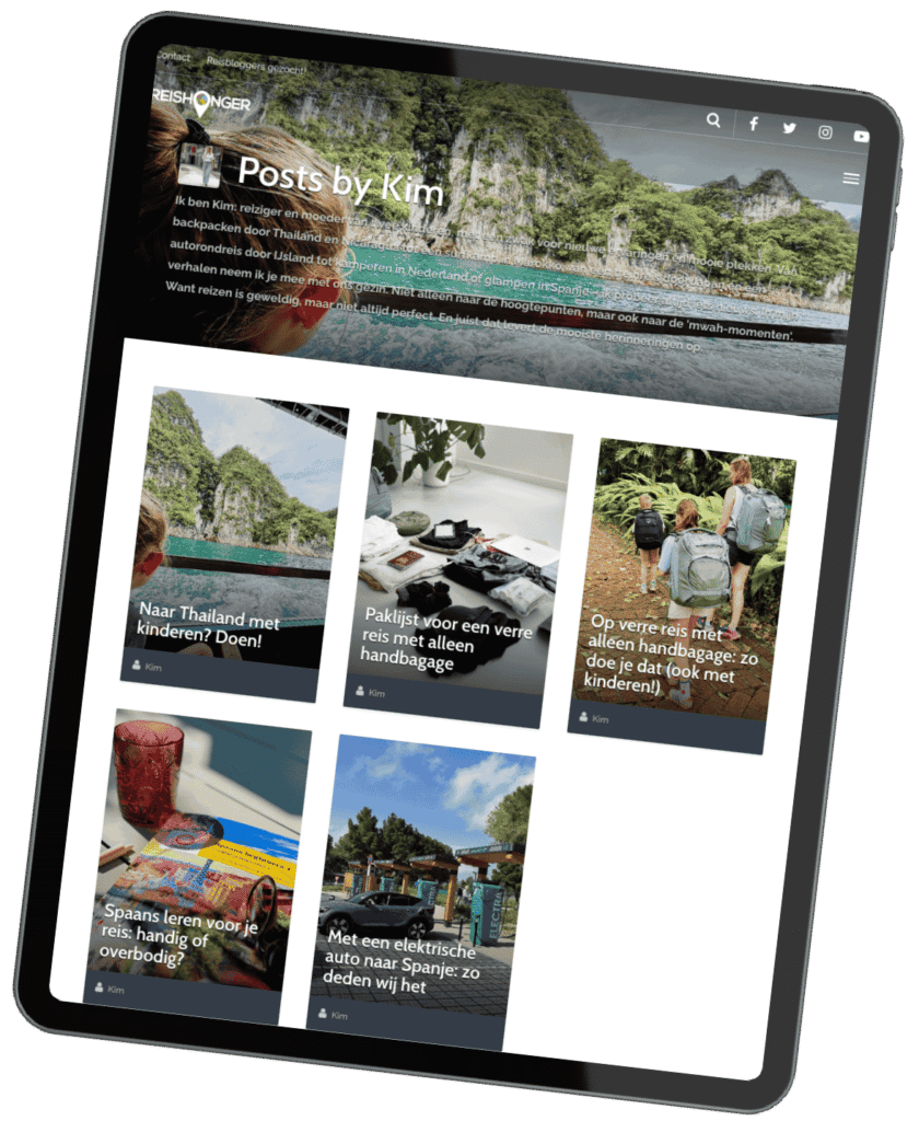 Overzicht van reisartikelen van reisblogger Kim van Tol op Reishonger.nl, met verhalen over gezinsreizen, reizen met alleen handbagage en avontuurlijke bestemmingen.