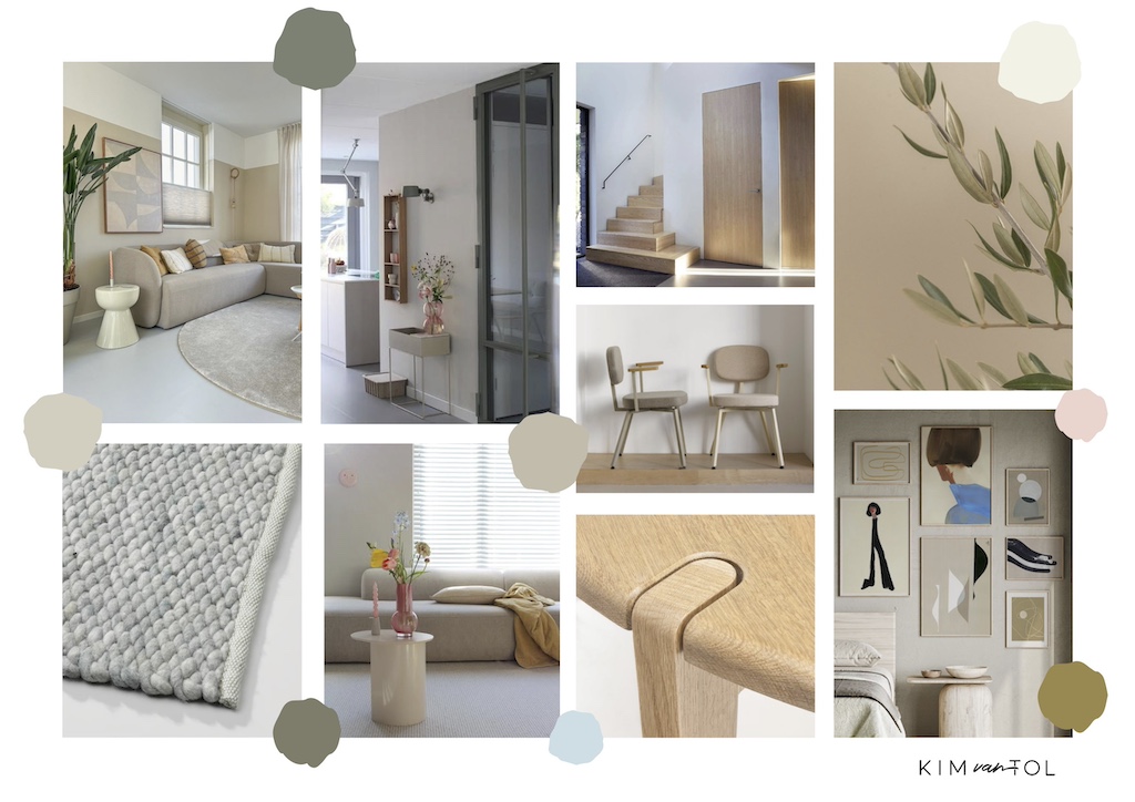Moodboard met kleuren, materialen en meubels voor een rustig Scandinavisch interieur in Zwijndrecht